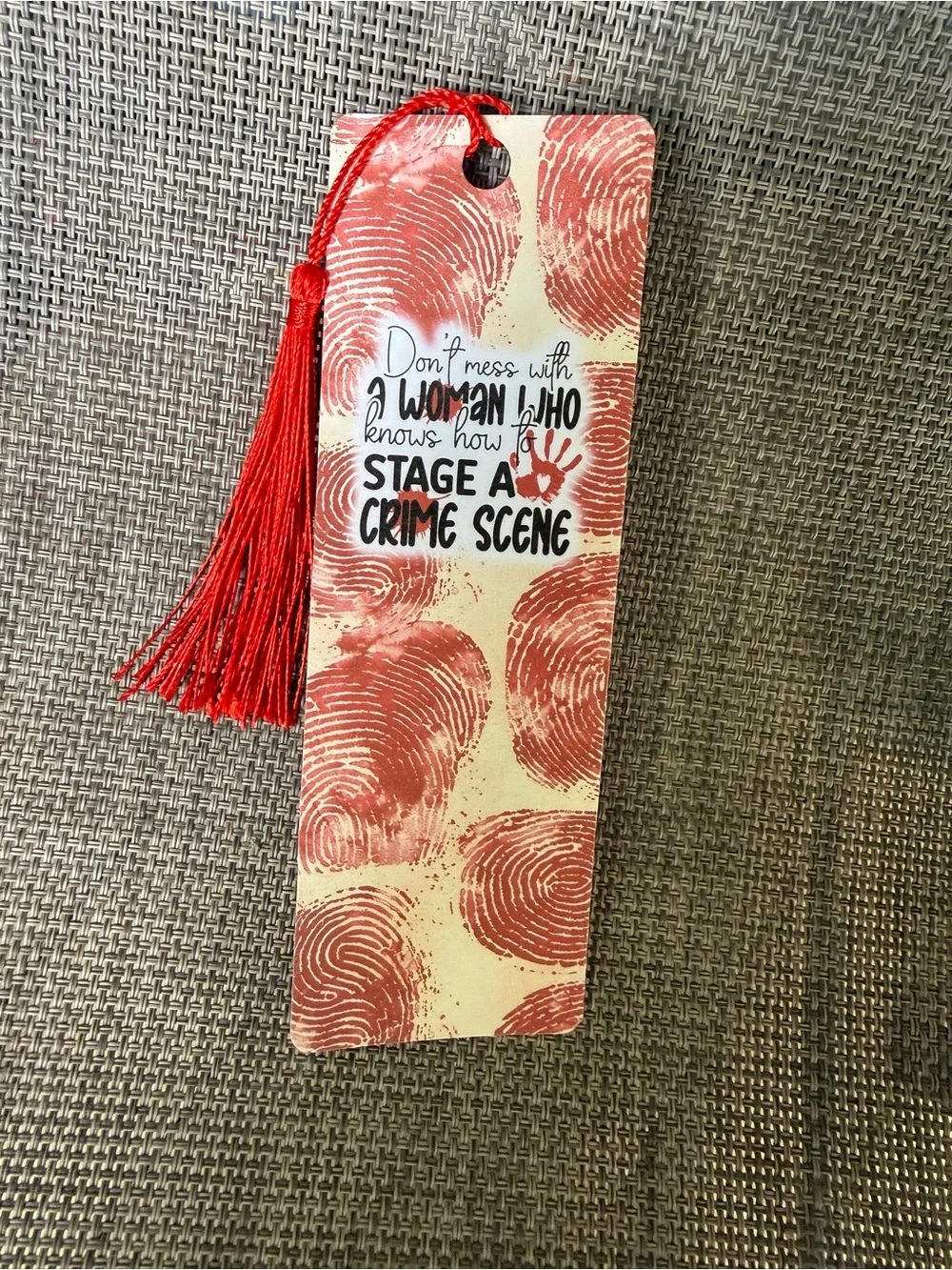 Red Fingerprint Bookmark with Tassel - Humorous Crime Scene Quote